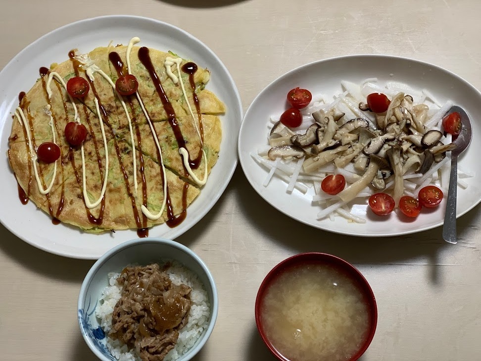 吉野家風豚丼とお好み焼き